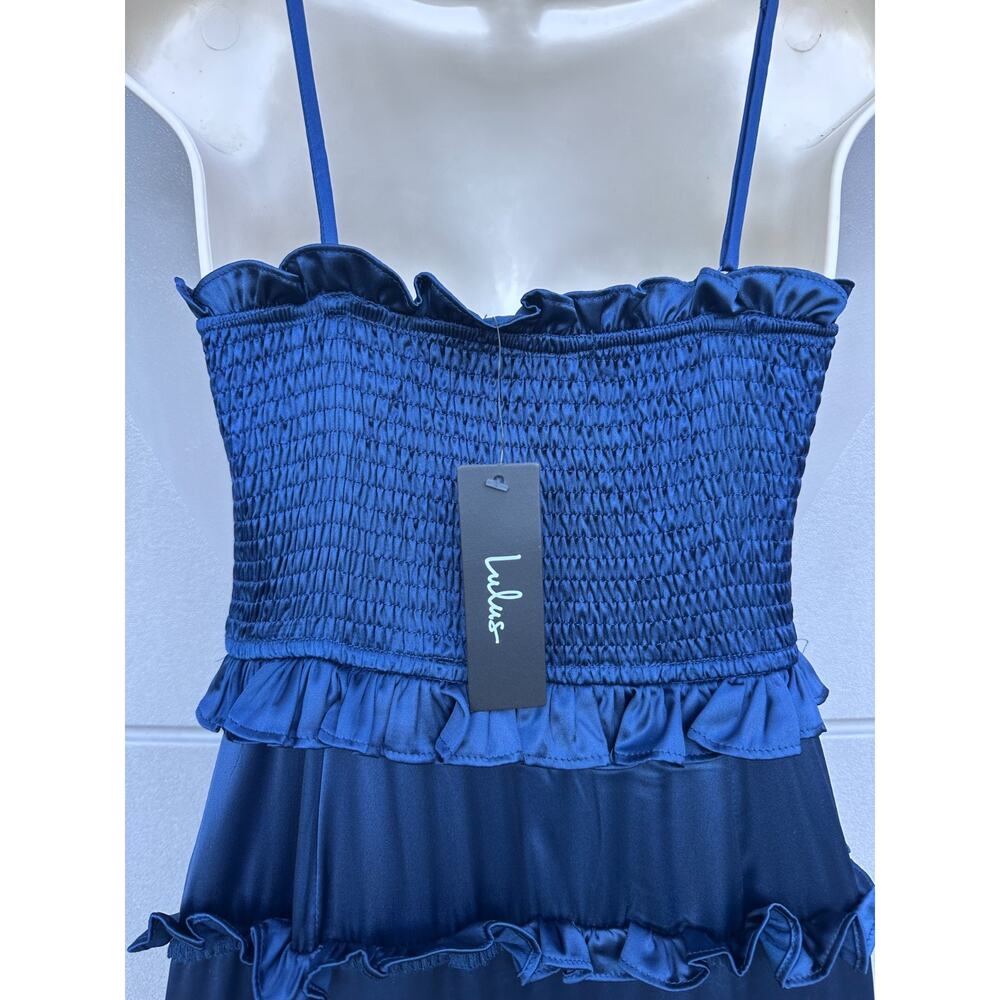 NWT Lulus Blue Satin Tiered Ruffle Smocked Maxi Dress Sz L Romantic Party Prom - Picture 10 of 14